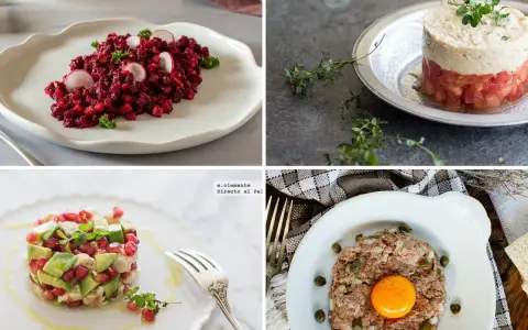 Cuatro platos de tartar: de remolacha, de atún, de aguacate y granada, y de carne con huevo.