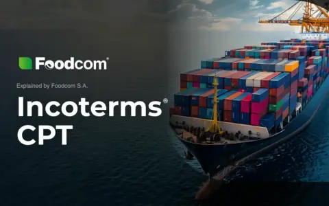 Kontenerowiec z kolorowymi kontenerami, logo Foodcom i tekst "Incoterms CPT".