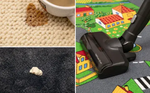 Kaffee verschüttet, Kaugummi klebt: braune Flecken auf dem Teppich und ein Staubsauger auf einem Spielteppich.