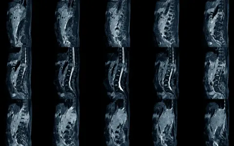 Obrazy MRI kręgosłupa ukazujące chorobę zwyrodnieniową. Widoczne zmiany mogą wpływać na stopień niepełnosprawności.