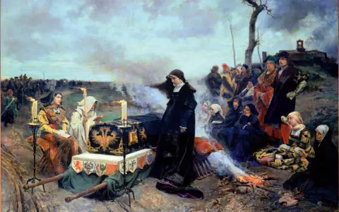Los hijos de Juana la Loca y Felipe el Hermoso, en un cortejo fúnebre, acompañan un féretro bajo un cielo nublado.