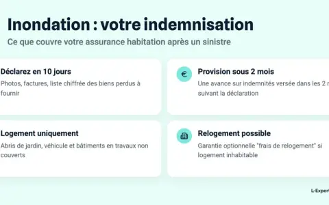 Indemnisation après inondation : déclaration sous 10 jours, provision sous 2 mois, et prise en charge du logement. Le délai travaux après sinistre est géré.