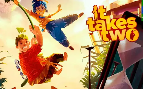 Dos personajes animados, un chico y una chica, se balancean en un diente de león. El título del juego, "It Takes Two", aparece en letras grandes y coloridas.