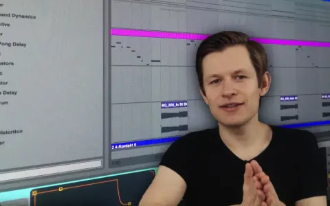Młody mężczyzna przed ekranem z programem do tworzenia muzyki. Widać sekwencje dźwiękowe i listę efektów.
