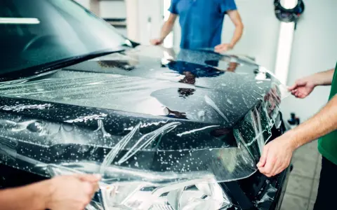 Profesjonaliści nakładają folię ochronną na maskę czarnego auta. To kluczowy etap car wrappingu, chroniący lakier.