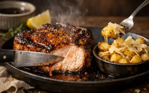 Côte de porc juteuse, parfaitement saisie, accompagnée de pommes de terre rôties et de copeaux de parmesan. La marinade a créé une croûte dorée irrésistible.