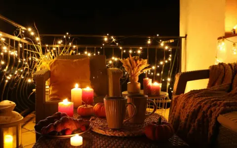Przytulny jesienny balkon w bloku, rozświetlony lampkami i świecami. Na stoliku kubki z gorącym napojem, rogaliki i dynie.