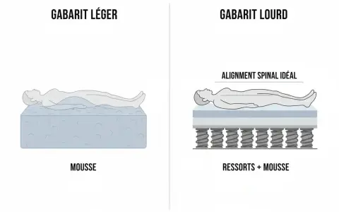 Comparaison : matelas en mousse (gabarit léger) affaissant le corps, et matelas à ressorts + mousse (gabarit lourd) assurant un alignement spinal idéal.