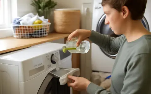 Persona vierte líquido de una botella en el dispensador de la lavadora. El vinagre desinfecta y ayuda a eliminar olores.