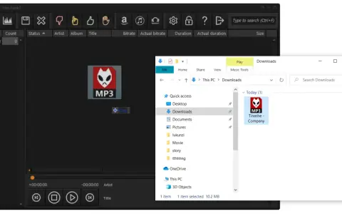 Odtwarzacz muzyki pokazuje plik MP3. W oknie "Downloads" widać plik "Tinashe - Company", a w nagłówku kolumn odtwarzacza jest "Bitrate co to".