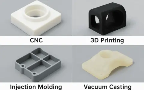 Four manufacturing methods: CNC (subtractive manufacturing), 3D Printing, Injection Molding, and Vacuum Casting, each showcasing a different prototype part.