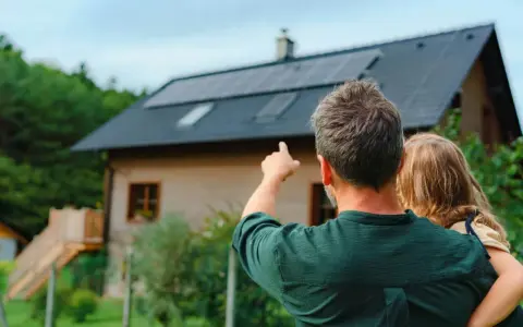 Ojciec z dzieckiem patrzą na dom z panelami fotowoltaicznymi. Zastanawiają się, fotowoltaika 6 kw ile wyprodukuje energii.
