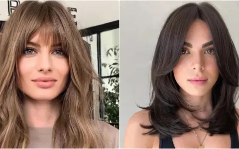 Dos estilos de corte de pelo que favorecen un **corte de pelo cara redonda**: uno con flequillo y capas rubias, otro con capas oscuras y raya en medio.
