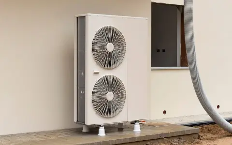 Une pompe à chaleur monobloc, avec ses deux ventilateurs, est installée à l'extérieur d'un bâtiment en construction.