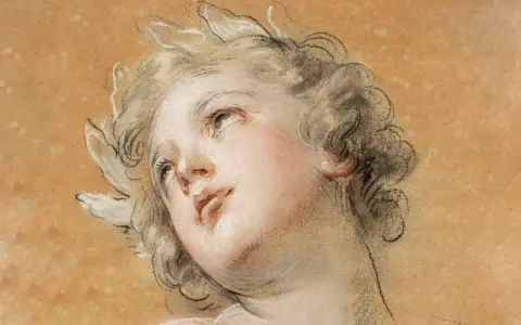Portrait d'un jeune homme aux boucles blondes, la tête penchée, le regard tourné vers le ciel. La valeur du dessin réside dans la délicatesse des traits et la douceur des couleurs.