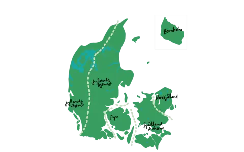 Karta över Danmark med regioner som Jyllands östkust, Fyn och Själland. En inramad Bornholm syns också. Utforska danmark natur!