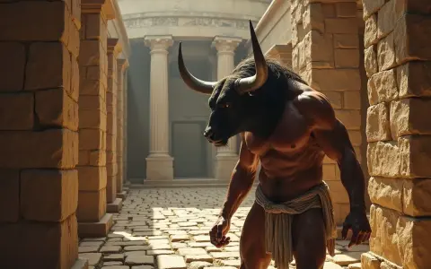 Potężny Minotaur, postać z mitu o minotaurze, kroczy przez kamienne korytarze labiryntu.