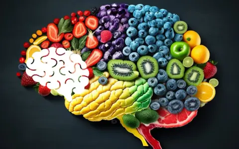 Mózg z owoców i warzyw. Kolorowe składniki tworzą kształt mózgu, sugerując, jak dieta wpływa na jego funkcjonowanie i produkcję serotoniny.