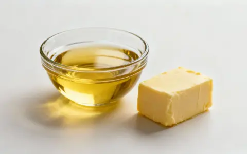 Ein Stück Butter und eine Schüssel mit Öl, bereit für die Zubereitung von Transfetten.