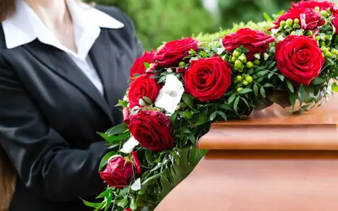 Kalie na pogrzeb, wieniec z czerwonych róż i zieleni, spoczywa na drewnianej trumnie.