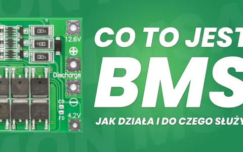 Zielona płytka drukowana z elementami elektronicznymi, obok napis "CO TO JEST BMS JAK DZIAŁA I DO CZEGO SŁUŻY?".