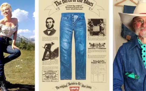 Marilyn Monroe, un poster storico e un uomo con cappello da cowboy celebrano chi ha inventato i jeans, Levi Strauss.