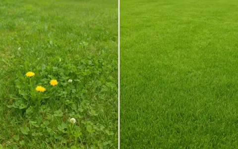 Links: Löwenzahn und Klee im Rasen. Rechts: Perfekt gepflegter Rasen ohne Unkraut.