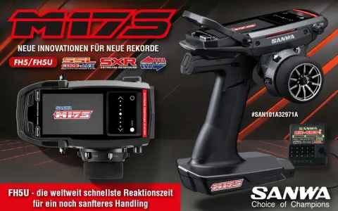 Sanwa M17 Fernsteuerung mit Display und RX-493i Empfänger. Neue Innovationen für neue Rekorde und schnellste Reaktionszeit.
