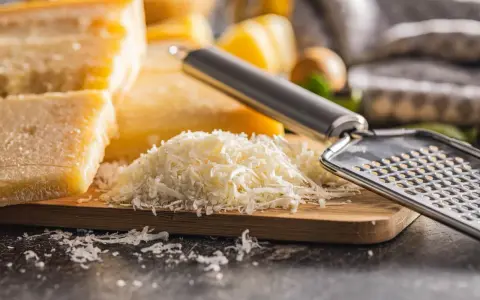 Tarta z serem, gdzie zamiast parmezanu użyto mozzarelli, przygotowana na desce z tarką.