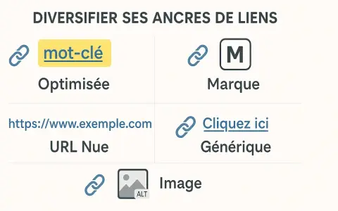 Diversifier les ancres de liens : mot-clé optimisé, marque, URL nue, générique. Stratégies pour comment obtenir des backlinks variés.