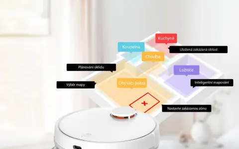 Robot sprzątający Xiaomi Vacuum Mop Pro na tle mapy mieszkania z zaznaczonymi strefami.
