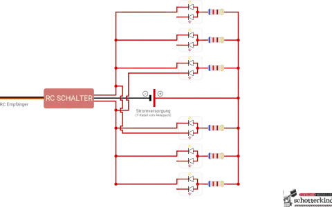 Schaltplan mit RC-Schalter, der sechs rote LEDs mit Widerständen steuert, gespeist von einem Akkupack.