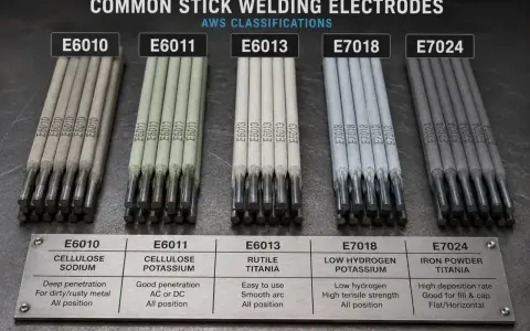 Cinque tipi di elettrodi per saldatura: E6010, E6011, E6013, E7018 e E7024, con le loro classificazioni AWS.
