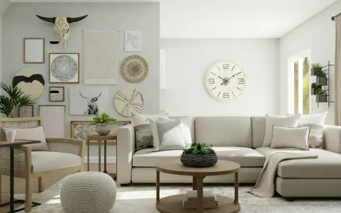 Sala de estar con sofá seccional color beige gris, mesa de centro, sillón de ratán y decoración de pared con calavera de toro.
