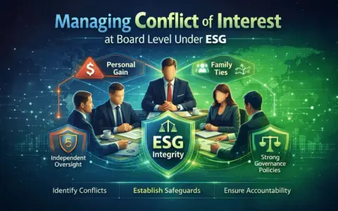 Board members discuss managing conflict of interest, considering personal gain and family ties, to ensure ESG integrity through independent oversight and strong governance.