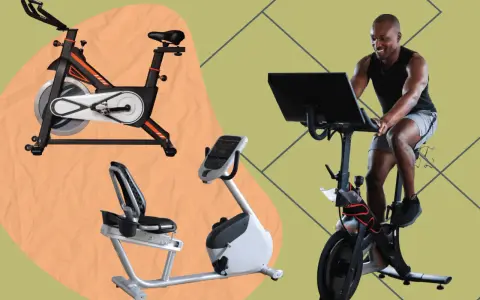 A man rides a stationary bike while a pedal exerciser and recumbent bike are shown.