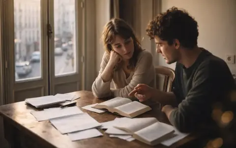 Un couple étudie ensemble, le garçon explique la conjugaison à la fille. Ils contribuent mutuellement à leur apprentissage.