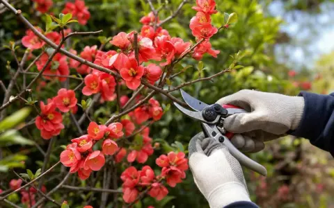 Mains gantées taillant un cognassier du Japon en fleurs, préparant la plante pour la saison.