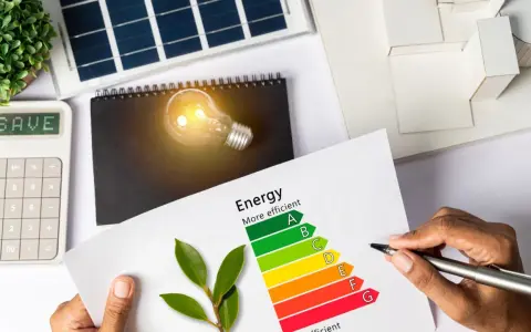 Calculadora muestra "SAVE". Hoja con etiqueta energética y bombilla. ¿Cuánto consume un ordenador en euros?