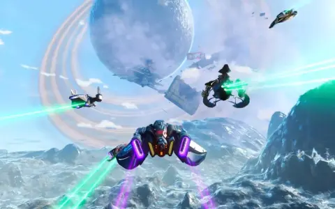 Naves espaciales combaten en un planeta alienígena, con un planeta anillado al fondo. ¡Ideal para quienes buscan los no man's sky requisitos!