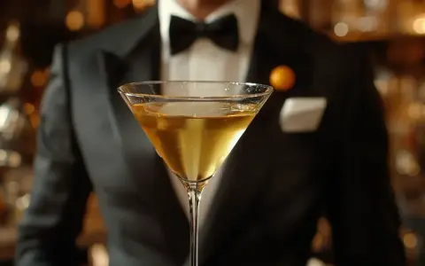 Elegancki mężczyzna w smokingu podaje Martini wstrząśnięte czy zmieszane. Złocisty trunek w kieliszku, idealnie schłodzony.