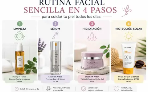 Rutina facial sencilla en 4 pasos: limpieza, sérum, hidratación y protección solar. ¡Cuida tu piel todos los días!