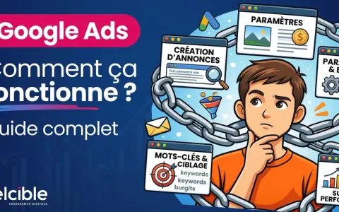 Un jeune homme réfléchit aux étapes d'une campagne intelligente Google Ads : création d'annonces, mots-clés, paramètres et suivi.
