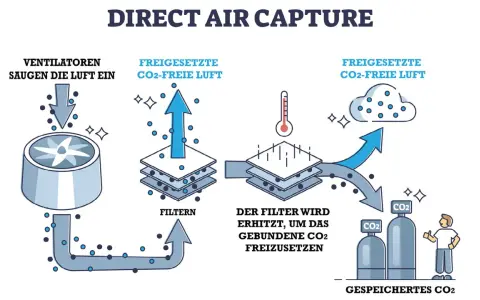 So kann man CO2 aus der Luft filtern: Ventilatoren saugen Luft ein, die dann gefiltert wird. Erhitzen setzt CO2 frei, das gespeichert wird.