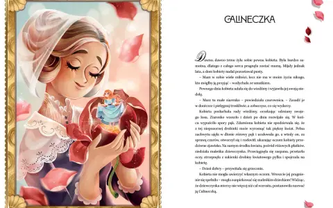 Kobieta trzyma w dłoniach pąk róży, z którego wyłania się maleńka dziewczynka. Ilustracja nawiązuje do baśni Andersena.