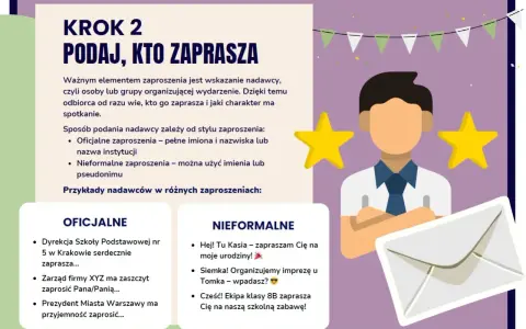 Krok 2: Podaj, kto zaprasza. Ilustracja przedstawia schematyczną postać z dwoma gwiazdkami, obok koperty i tekstu o zaproszeniach.