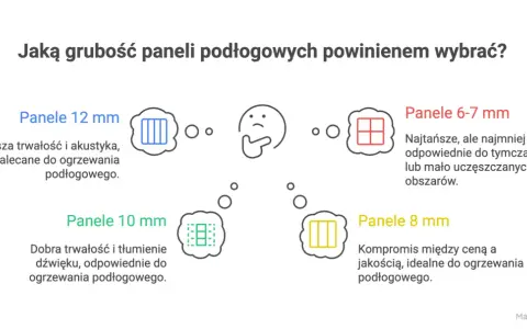 Panele winylowe: 12 mm (trwałe, akustyczne, nie do ogrzewania), 10 mm (dobre do ogrzewania), 8 mm (kompromis, do ogrzewania), 6-7 mm (najtańsze, tymczasowe).