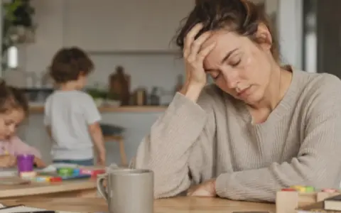 Donna esausta con la mano sulla fronte, circondata da giocattoli e bambini. Un'immagine che cattura il **burnout genitoriale**.