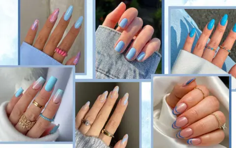 Collezione di unghie celesti e bianche con diverse nail art: sfumature, french manicure e decorazioni astratte.