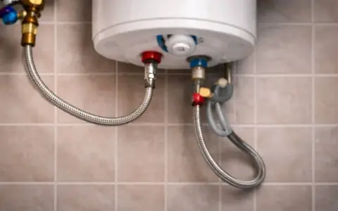 Detalles de cómo cambiar un termo eléctrico: conexiones de agua fría y caliente con mangueras flexibles.
